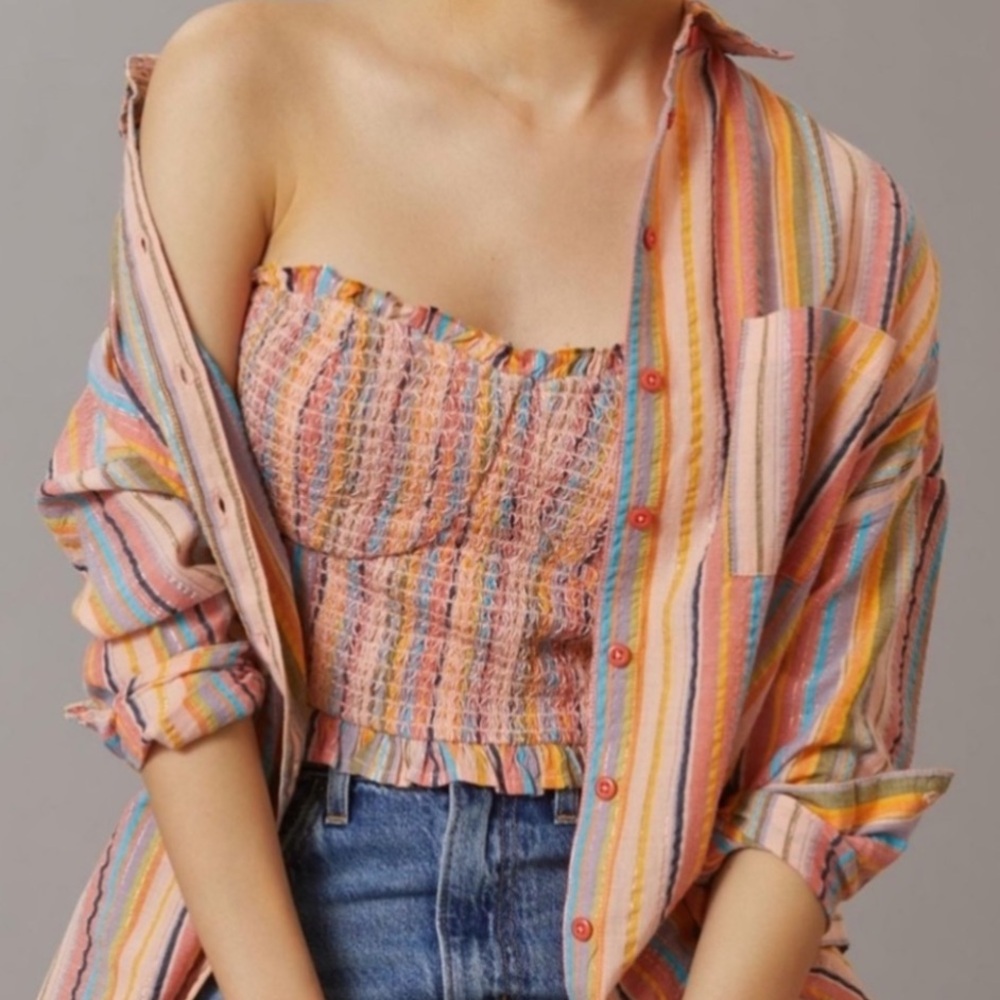 NWT Anthropologie Pilcro Peach Rainbow Striped Smocked Sleeveless Crop Top